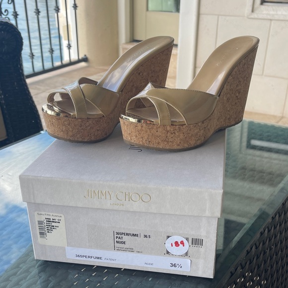 Jimmy Choo Shoes - Jimmy Choo Nude Patent Wedge Sandals